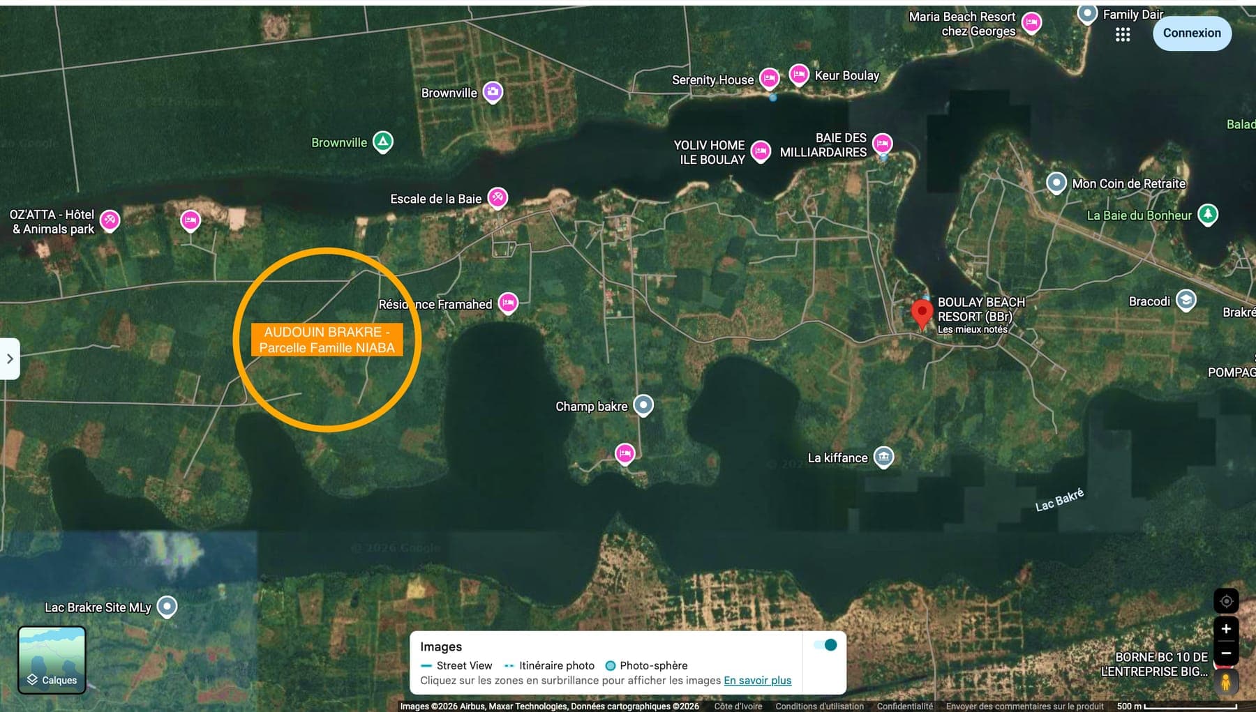 Vue satellite de la localisation du lotissement Audoin Brakré, entre la lagune Ébrié et le lac Brakré
