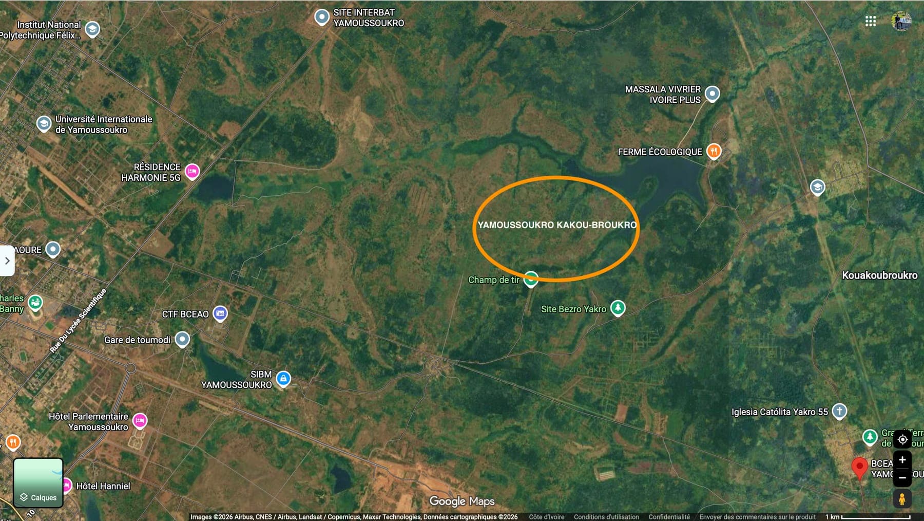 Vue satellite de la localisation du lotissement Yamoussoukro Kacou-Broukro