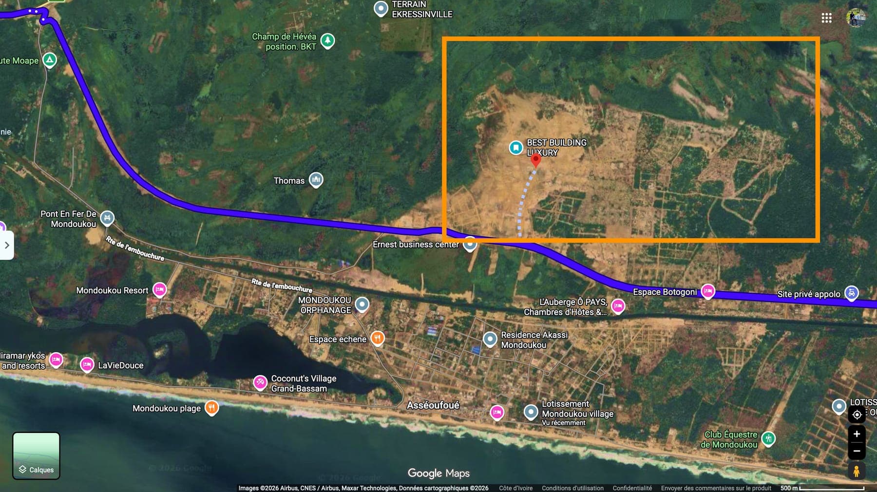 Vue satellite du lotissement Quartier Yaou Résidentiel, près du péage de Mondoukou