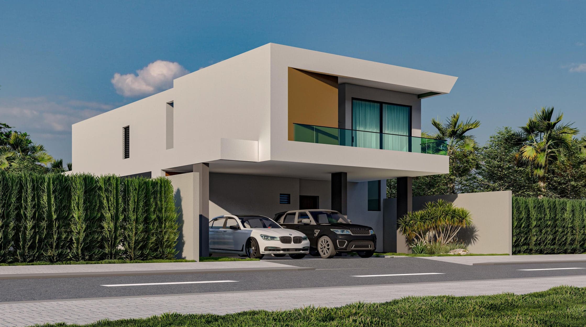 Rendu 3D de la villa Chrysanthème avec auvent et garage pour deux véhicules