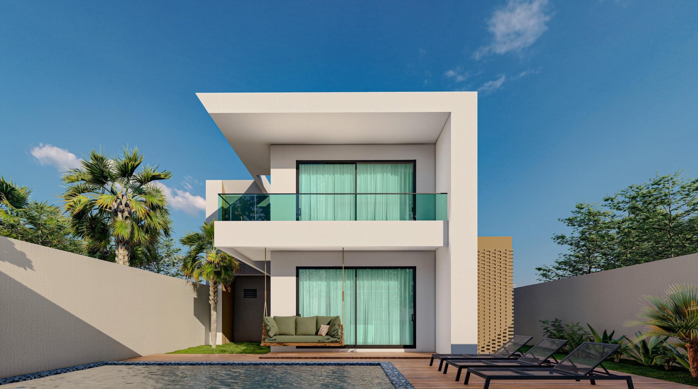 Rendu 3D de la façade jardin d’une villa Chrysanthème