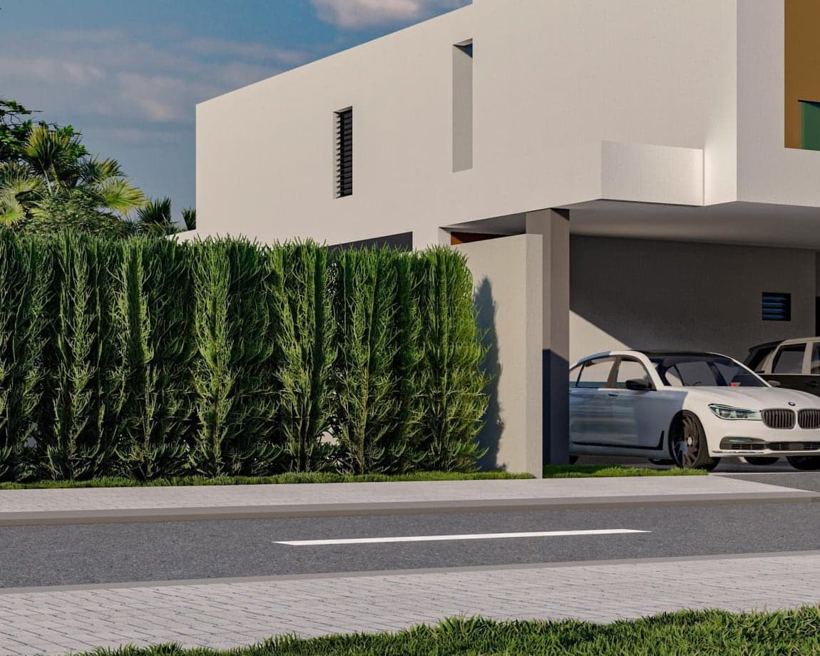 Rendu 3D d’une voie résidentielle bordée de haies, extrait du programme BEST BUILDING LUXURY