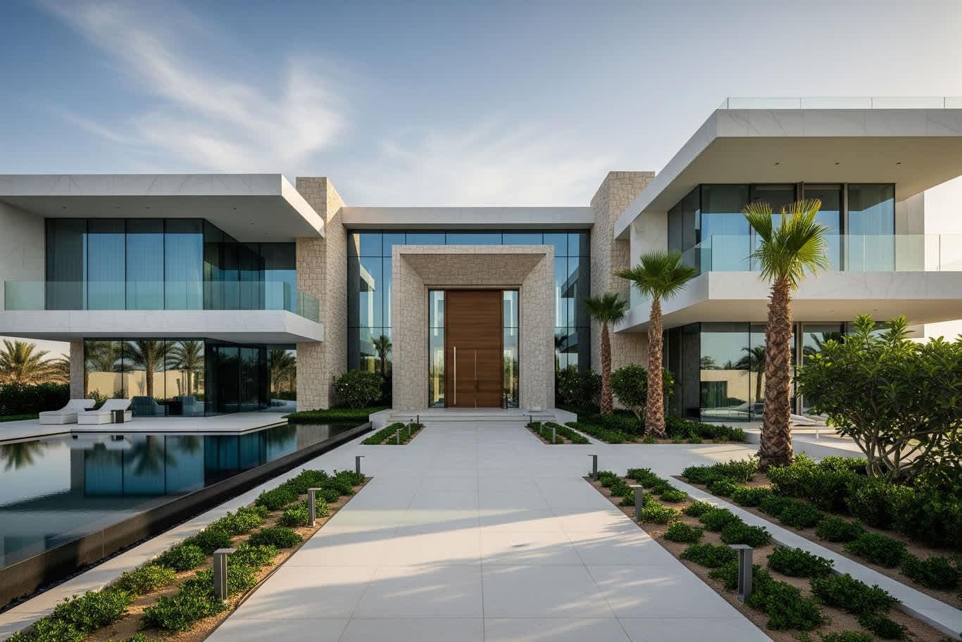 Villa contemporaine aux lignes épurées, avec allée paysagère et bassin