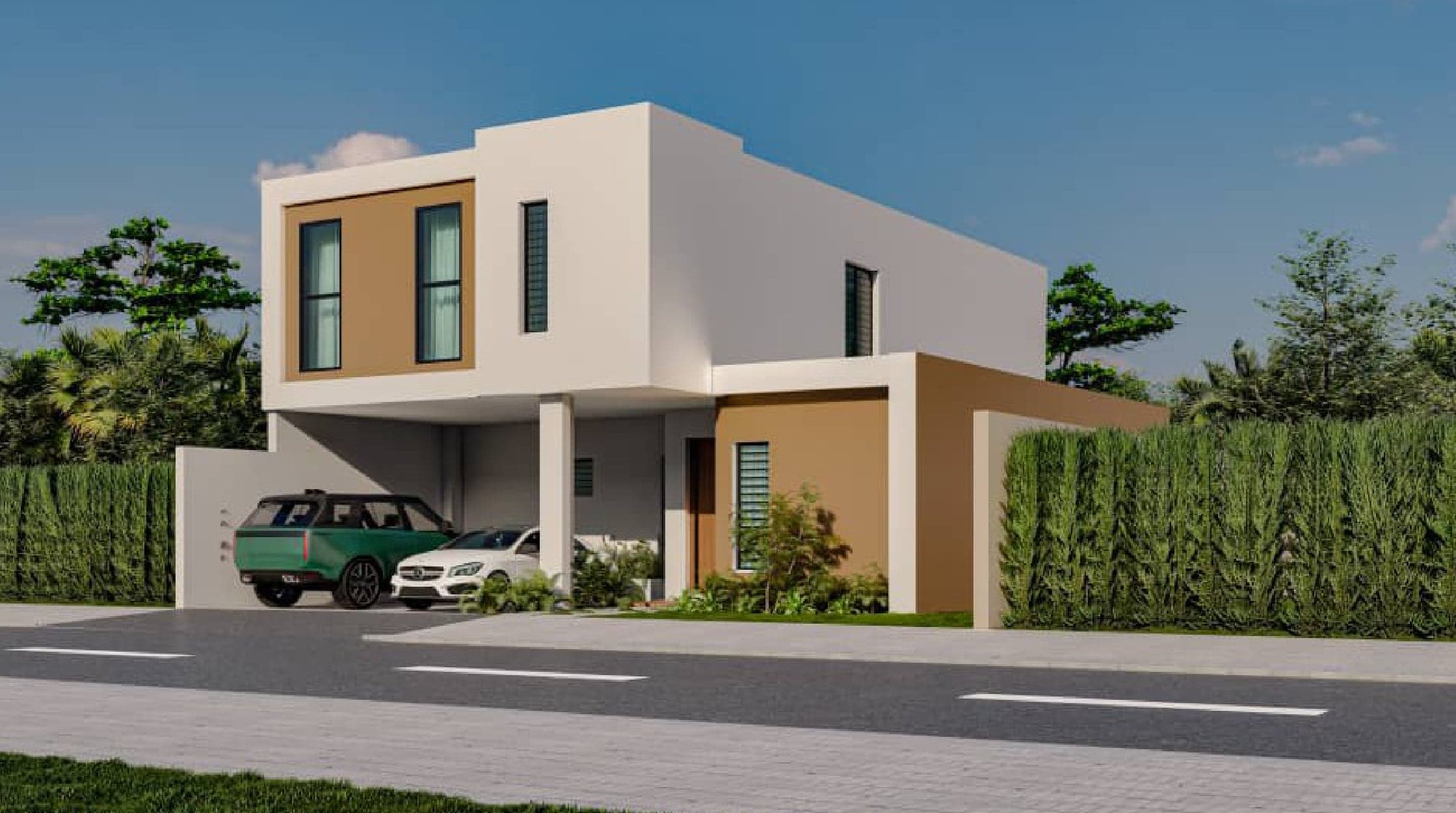 Rendu 3D de la villa Orchidée : façade principale et garage