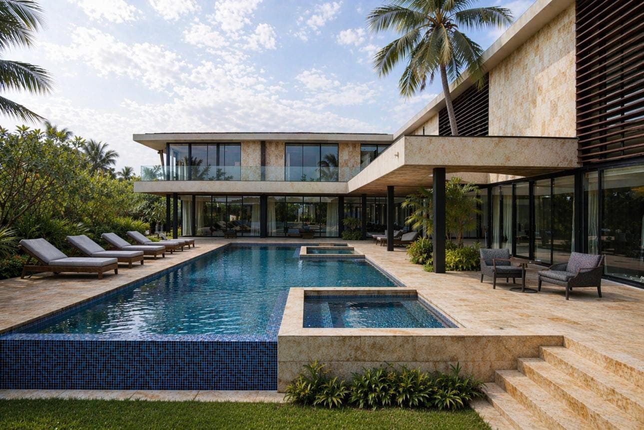 Villa contemporaine avec piscine et terrasse, entourée de palmiers